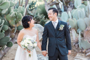 bride and groom at south coast botanic garden cactus garden