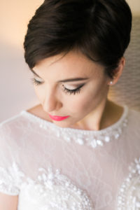 Bride close up short hair bright pink lipstick
