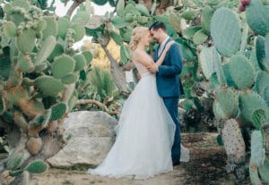 bride and groom in cactus garden palos verdes