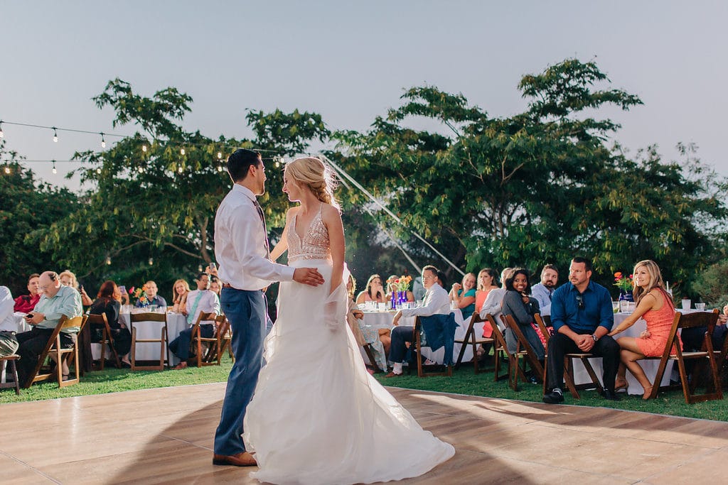 bride and groom dance at south coast botanic garden