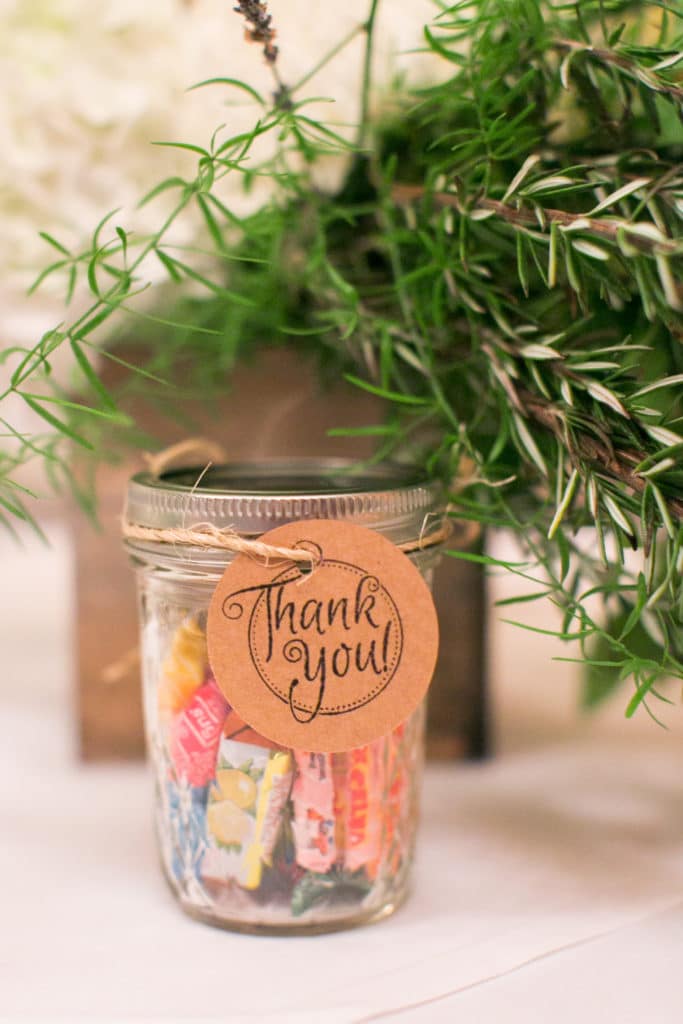 cute thank you gift idea for wedding. Wedding favor candies in a jar with custom stamp