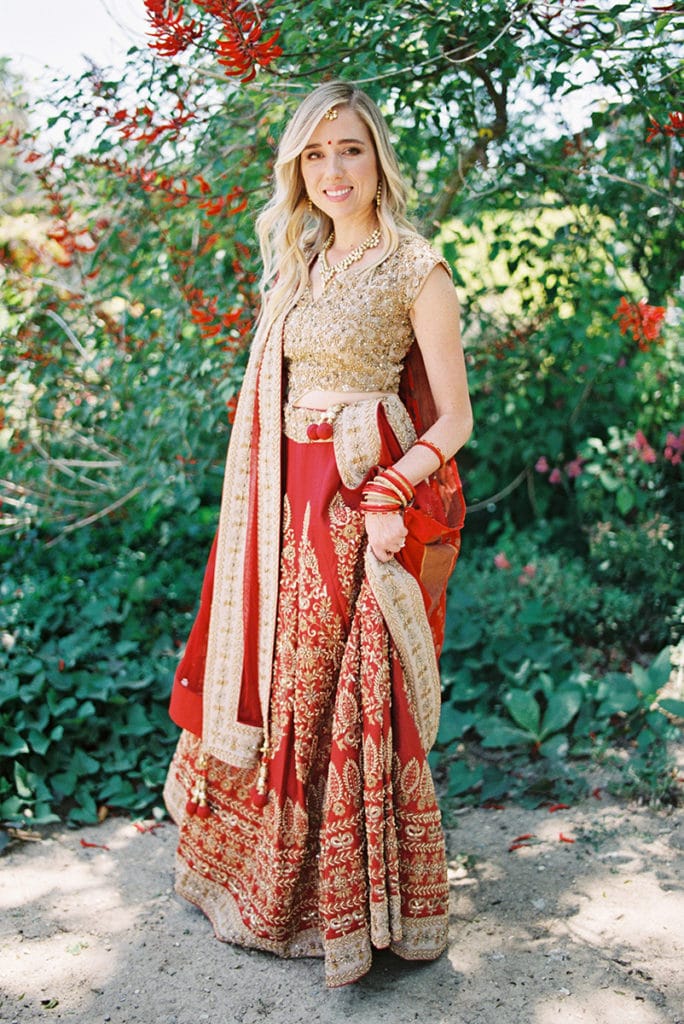 american bride dress in lehenga for hindu ceremony