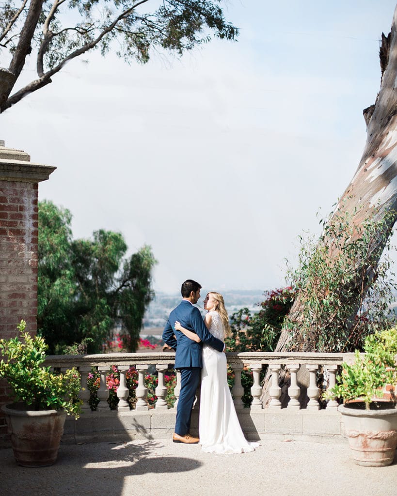 bride and groom overlooking palos verdes at beautiful home