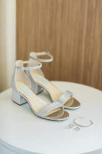 Silver wedding shoes with ankle strap and open toe