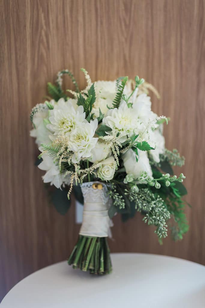 Bride's bouquet with white and greens for barn wedding in California