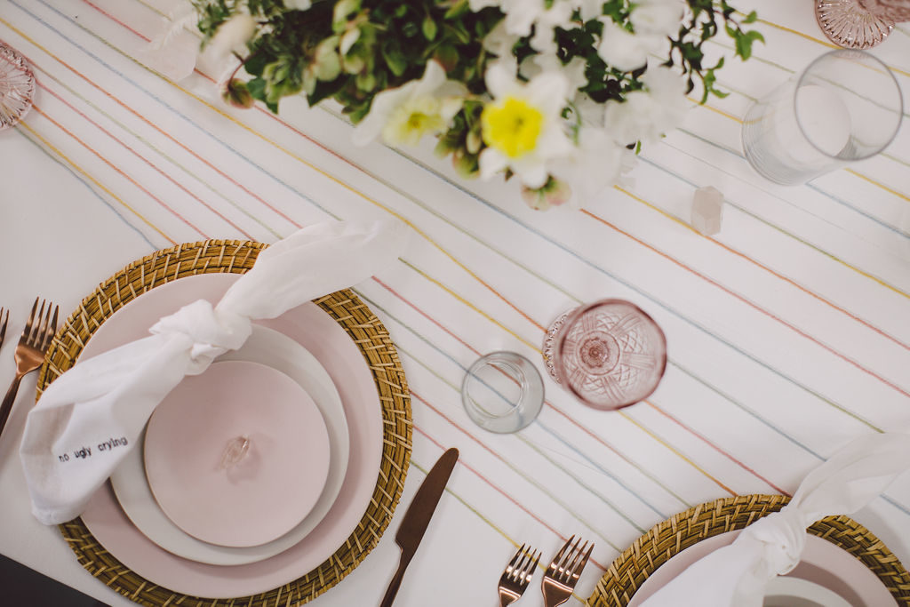 DIY boho table runner idea with copper and pink details