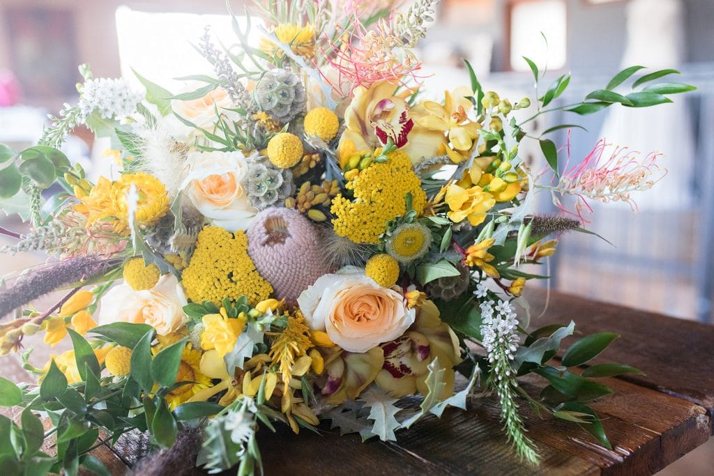 Spring wedding bouquet with yellow flowers